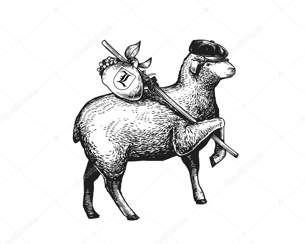 Stylized Illustration of the vagabond sheep wearing a cap on his headher head. Wandering Sheep with a bundle on a stick. Engraved vintage style illustration of the sheep