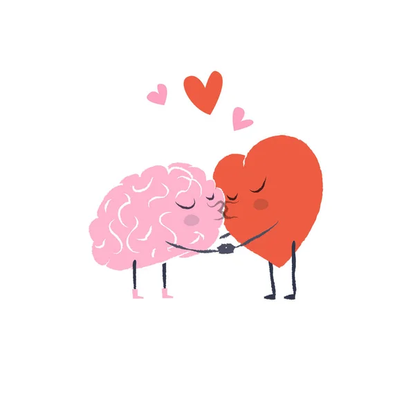 Cartoon Illustration of the Heart and Brain (en inglés). Corazón y Cerebro están enamorados tomados de la mano y se besan. Feliz día de San Valentín Lettering. — Vector de stock