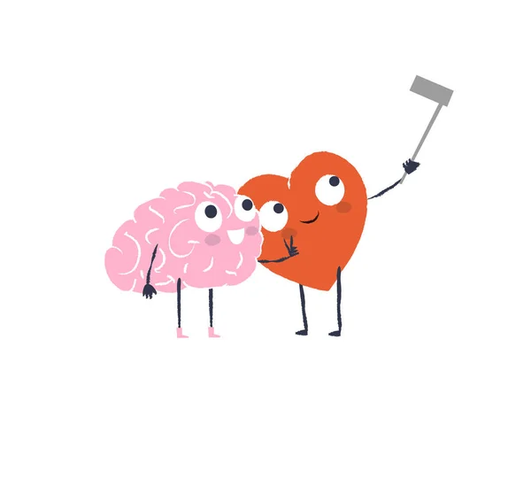 Cartoon Heart and Brain prenez du selfie. Joyeuses Saint-Valentin Design. — Image vectorielle