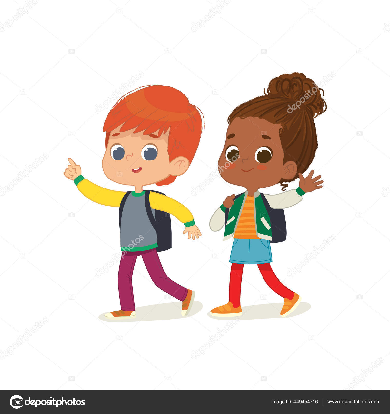 两个带着背包的孩子要上学了。红头发男孩和非洲裔美国女孩步行上学. 图库矢量图©Lisitsa_ 449454716, image size:1600x1700