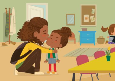 Illustration of a Mother Gives a Goodbye Kiss to her daughter. Mum Gives Kiss to the child at the school door. Preschool girl say hello to mom at Montessori school. Vector illustration. clipart