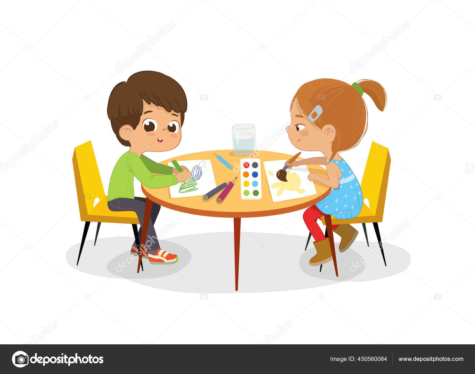 Boy and Girl sit at the round table and draw picture with watercolor and  pencils. Drawing