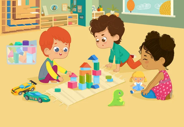 Les enfants s'assoient en cercle et jouent avec des jouets dans la classe maternelle, jouent avec des blocs de jouets en bois, des voitures, des poupées et rient. Apprendre par le concept de divertissement. Illustration vectorielle pour flyer — Image vectorielle