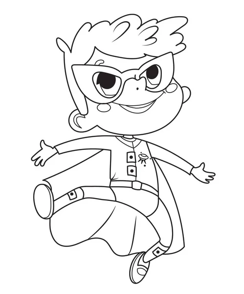 Página para colorear de Super Hero Children. Niños y niñas con disfraces de superhéroes Libro para colorear. Personajes vectoriales de dibujos animados de Kids Superheroes — Vector de stock