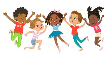 Multicultural boys and girls play together, happily jumping and dancing fun against the background. Children are having fun. Colorful cartoon characters. Vector illustrations clipart