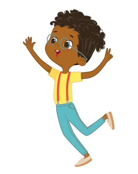 Carino felice ragazzo afroamericano saltare e ballare allegramente su uno sfondo bianco. Ragazzo della scuola ridente, sfondo vettoriale per poster, copertina, ecc. — Vettoriale Stock