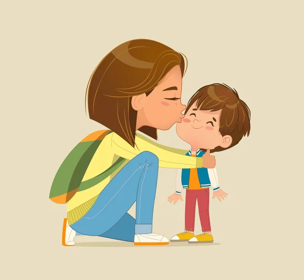 Madre accovacciata baciare figlio sulla guancia. Mamma con zaino loda, accarezza il suo bambino carino. — Vettoriale Stock