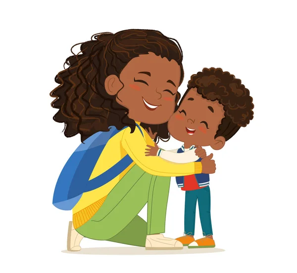 Lachende Brünette Afroamerikanerin junge Mutter umarmt kleinen niedlichen Sohn genießen Mutterschaft Vektor — Stockvektor