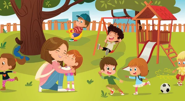 Feliz madre cariñosa abrazando a la pequeña hija linda en el patio infantil vector ilustración plana — Archivo Imágenes Vectoriales