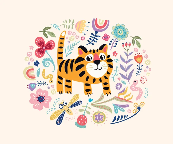 Śmieszne cute strony rysowane tygrys w dziecinne botaniczne zaokrąglone ramki wektor płaska ilustracja — Wektor stockowy