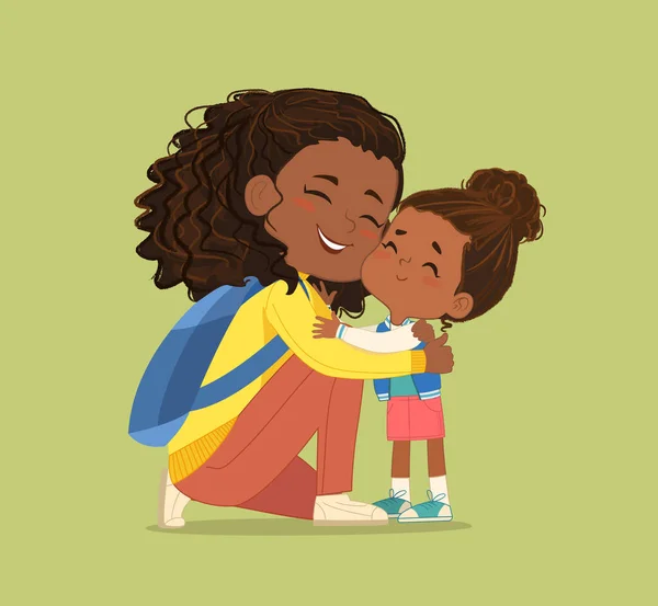 Happy black skin mother hugging cute little daughter enjoying happy motherhood vector illustration — Stock Vector