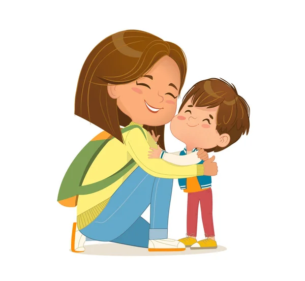 Mosolygó gondoskodó anya ölelés kis boldog fiú érzés szeretet, gyengédség, pozitív érzelem vektor — Stock Vector