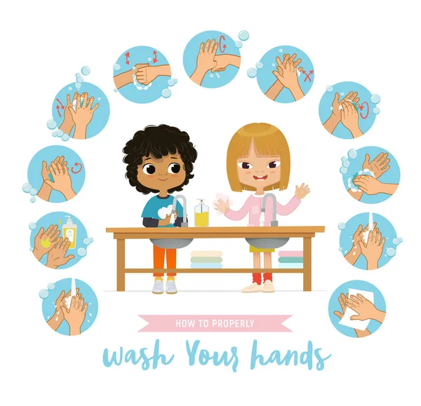 Lindo bebé niños lavándose las manos cartel infográfico con reglas y ejemplos iconos vector ilustración — Vector de stock