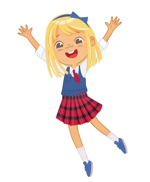 Happy blonde European schoolgirl wearing school uniform jumping rejoicing having fun vector flat illustration. Smiling primary pupil female kid in trendy outfit with striped skirt and red tie isolated — Stock Vector
