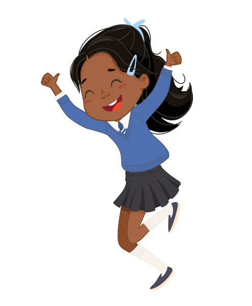 クールな親指アップジェスチャーベクトルフラットイラストで喜んでジャンプする愛らしい幸せな暗い肌の小学生。笑顔アジアのアフリカのブルネット少し学生で学校制服持っています楽しいです絶縁 — ストックベクタ