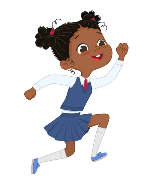 Αξιολάτρευτο σκούρο δέρμα αστείο μαθητριούλα σε ομοιόμορφη τρέξιμο άλματα χαρά διακοπές διάλειμμα διάνυσμα επίπεδη απεικόνιση. Ευτυχισμένος Ασιάτης μαθητής δημοτικού κοριτσιού από την Αφρική έχοντας απομονωμένο θετικό συναίσθημα — Διανυσματικό Αρχείο