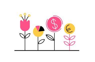 Planting the seed of the dollar, euro and financial well-being. Financial growth concept. Vector illustration in flat style clipart