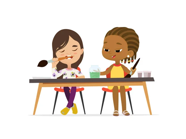 Multiracial kids sitting at table in school canteen and greeting newcomer  boy holding tray with food. Children s relationships concept. Vector  illustration for banner, website, poster, advertisement. Stock Vector