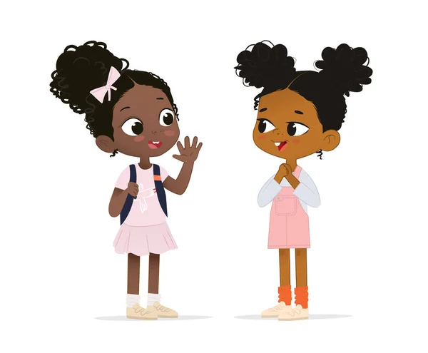 Дві афроамериканські дівчини розмовляють одна з одною. Дівчинка привітається зі своєю новою подругою. Шкільні друзі добре проводять час — стоковий вектор