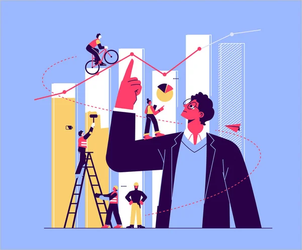 Illustration om finansiell rådgivare studera infografik på kolumndiagram, analysera evolutionär skala, affärer, finansiell planering, aktiemarknaden, inflationspåverkan. Vektor — Stock vektor