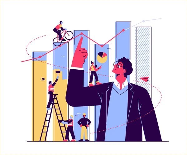 Ilustração do consultor financeiro, infográficos de estudo no gráfico da coluna, analisar escala evolutiva, negócios, planejamento financeiro, mercado de ações, desemprego, impacto da inflação. Vetor — Vetor de Stock