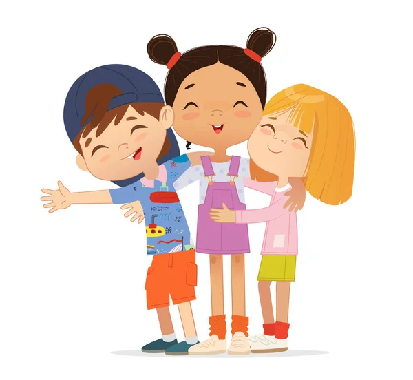 Felices amigos de varias edades se abrazan. Escuela niños y niñas niños abrazos. — Vector de stock