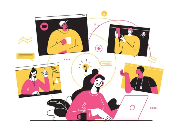 Illustrazione vettoriale, lavoro da casa online, spazio creativo, auto-isolamento. Lavoro freelance e tenere una videoconferenza con collegi da casa. Connessione internet. Video incontro tra amici — Vettoriale Stock