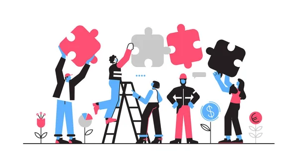Concetto aziendale. Metafora di squadra. persone che collegano puzzle. Illustrazione vettoriale stile design piatto. Simbolo di lavoro di squadra, cooperazione, partenariato. — Vettoriale Stock