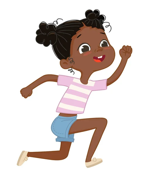 Illustration av glada afroamerikanska flicka hoppa och runing. — Stock vektor