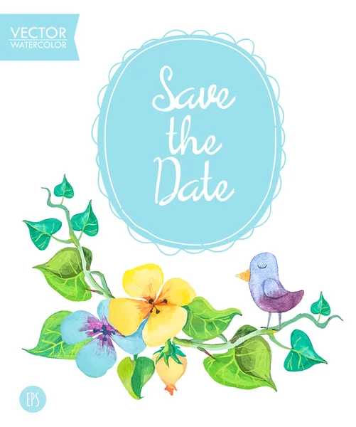 Watercolor floral wreaths with summer flowers and bird, central white copy space for your text and Ribbon. Hand drawn design. Perfect for Thank you card, Save the Date, Greeting card or Invitation. — Stock Vector