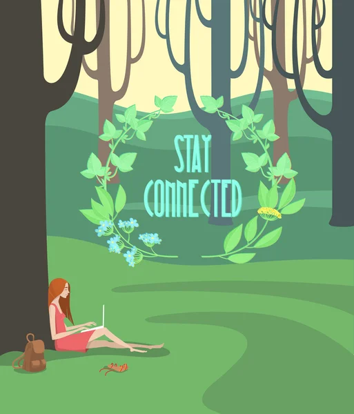 Stay Connected with the Nature. Young woman sitting near the tree working on a laptop. Outdoors. — Stock Vector
