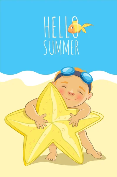 Summertime in a beach. Cute boy and yellow sea star. — Stock Vector