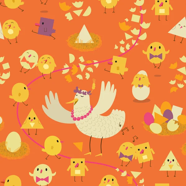 Цветной бесшовный узор со стилизованной курицей, курицей и яйцами. Детская иллюстрация — стоковый вектор
