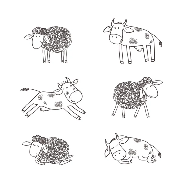 Roztomilý ovce a krávy. Dětský obrázek ve stylu doodle. — Stockový vektor