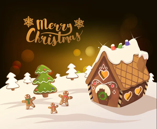 CRISTMAS achtergrond met peperkoek huis, kerstboom, en weinig mannen, Vector. — Stockvector