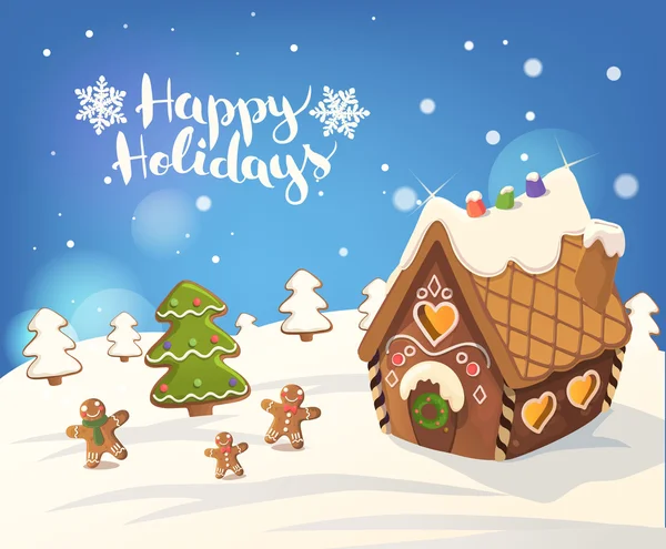 Cristmas Sfondo con casa di pan di zenzero, albero di Natale, e ometti, Vettore . — Vettoriale Stock