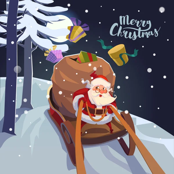 Santa Claus en un trineo con regalos a toda prisa para las vacaciones. Cartel de tarjeta de felicitación navideña. Vector . — Vector de stock