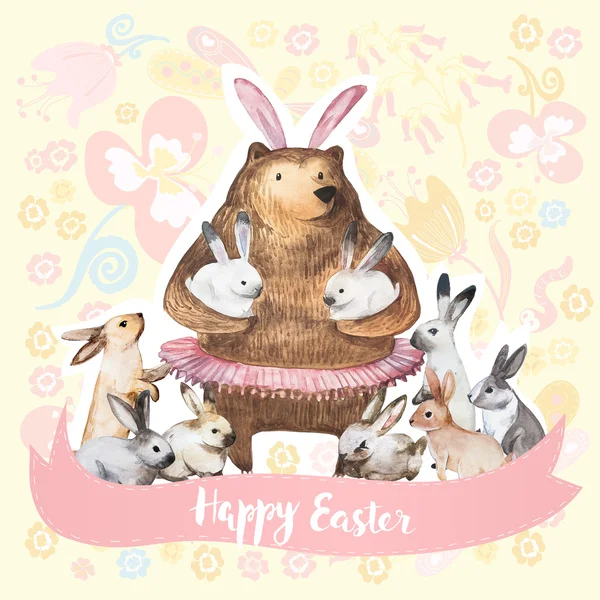 可爱的熊和他的九个小兔子。手画水彩插图。复活节快乐卡 — 图库照片