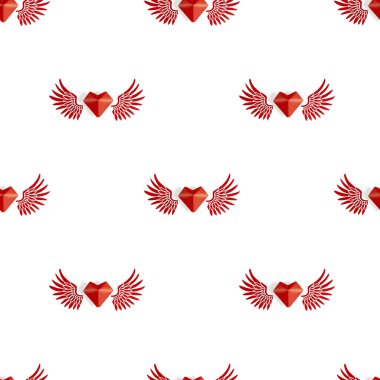 Beyaz izole edilmiş arka planda kırmızı kanatlı, kusursuz kalp deseni. Sevgililer Günü kutlaması konsepti.