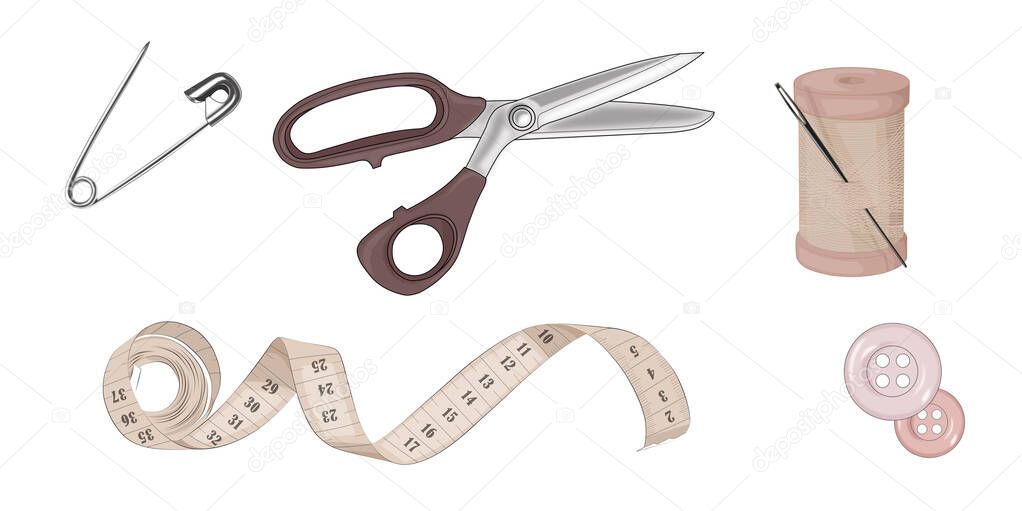 A set of cute tailors tools -measuring tape, scissors, buttons, French pin, thread, needle. White isolated background