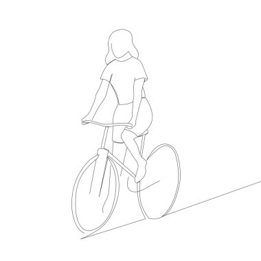 Genç bir kız bisiklet sürüyor. Doğrusal illüstrasyon, beyaz izole bir arkaplanda özet. Çizgi sanatı konsepti.