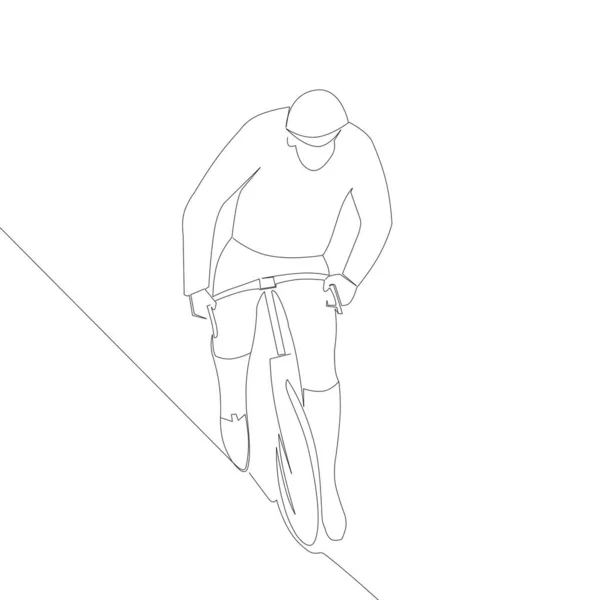 A young man rides a bicycle. Linear illustration, outline on a white isolated background. The concept of linear art.
