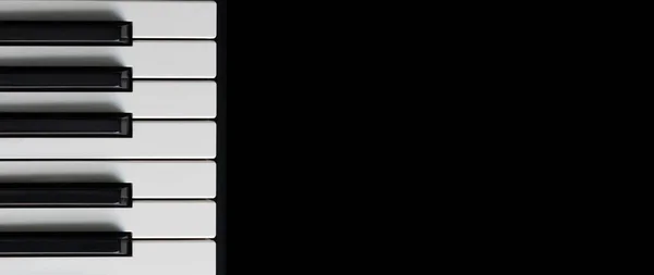 ピアノキーは キーボードの一部で フレームの側面にあり 黒い隔離された背景にあります クローズアップ レイアウト バナー コピースペース — ストック写真