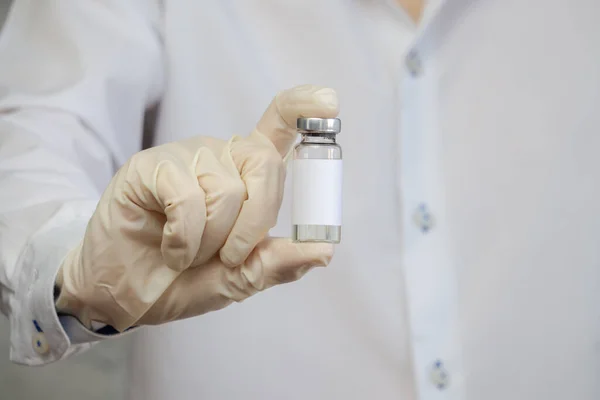 Female Doctor Hand Rubber Gloves White Coat Holds Ampoule Vaccine — Stock Photo, Image