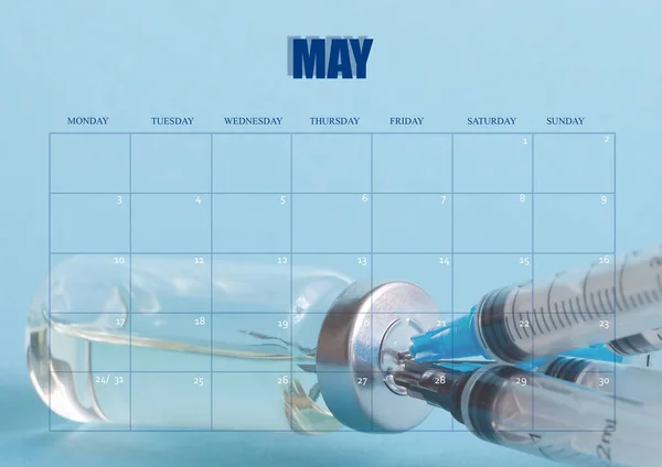 Clean Desktop Calendar May Layout Used Schedule Planner Bottle Medicine — Stock Photo, Image