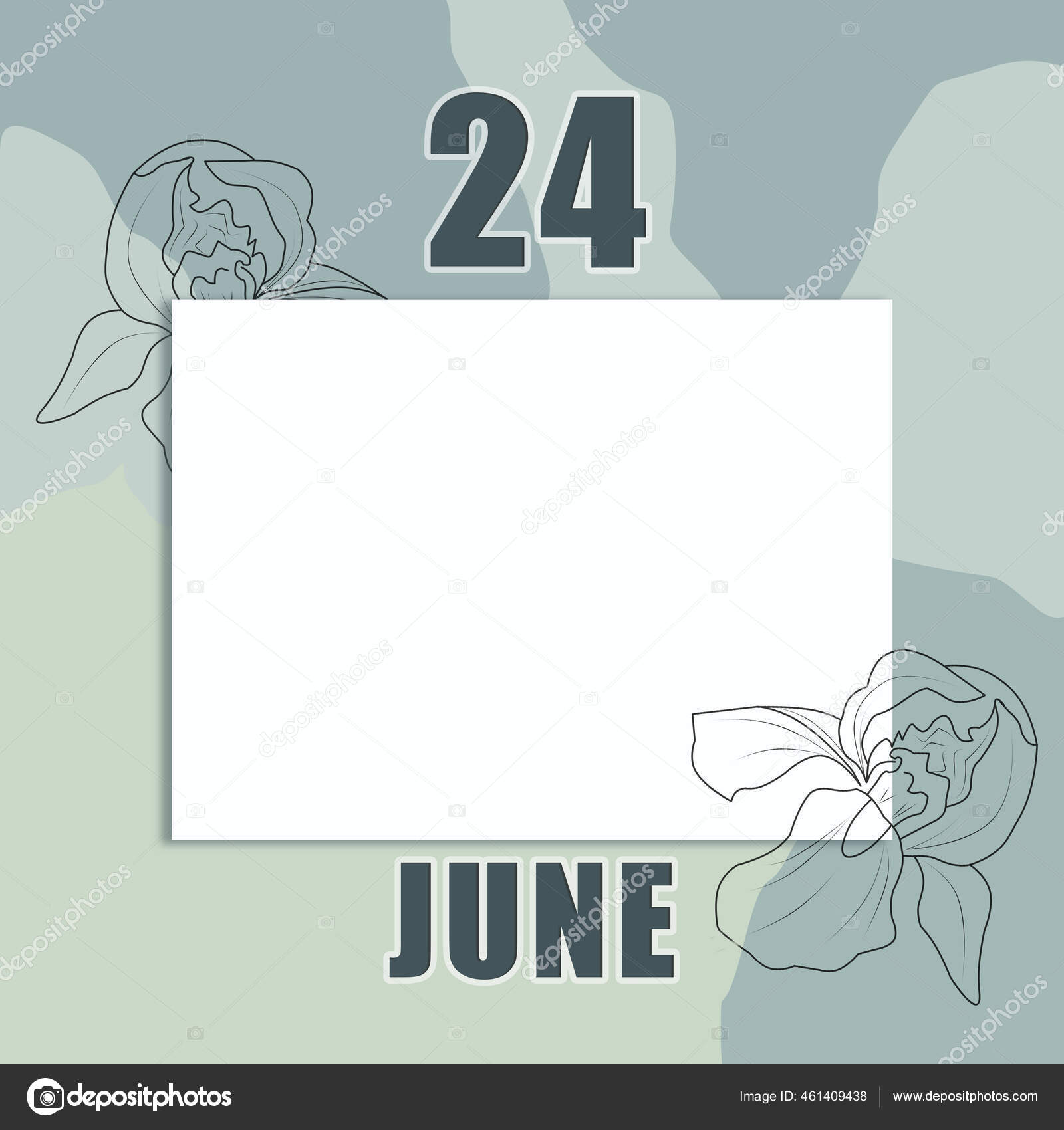 六月二十四日月的第24天日历日期在抽象的灰绿色背景上的一张干净的白纸上面有虹膜花的轮廓复制空间夏季月年月日概念