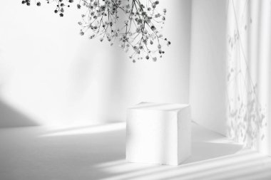 Beyaz 3D podyum, paketleme ve kozmetik sunumları için. Köpük küpü ve çiçeğin bir kısmı temiz duvarların arkasında. Sert güneş ışığının gölgesi. Güzellik endüstrisi kavramı.