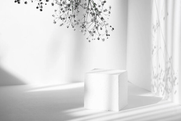 Белый 3D подиум, для презентаций упаковки и косметики. Куб пены и часть цветка на фоне чистых стен. Тень от сурового солнечного света. Концепция индустрии красоты.