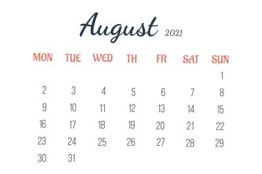 Ağustos 2021. Beyaz izole edilmiş arka plan takvim sayfası, tam bir ay. Zaman planlama, hatırlatıcılar, randevular.