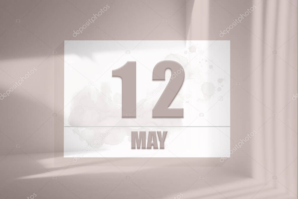 may 12. 12th day of the month, calendar date. White sheet of paper with numbers on minimalistic pink background with window shadows. Spring month, day of the year concept.3D illustration